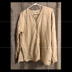 100% Linen Beige Button Down Blouse w/ Side Slits